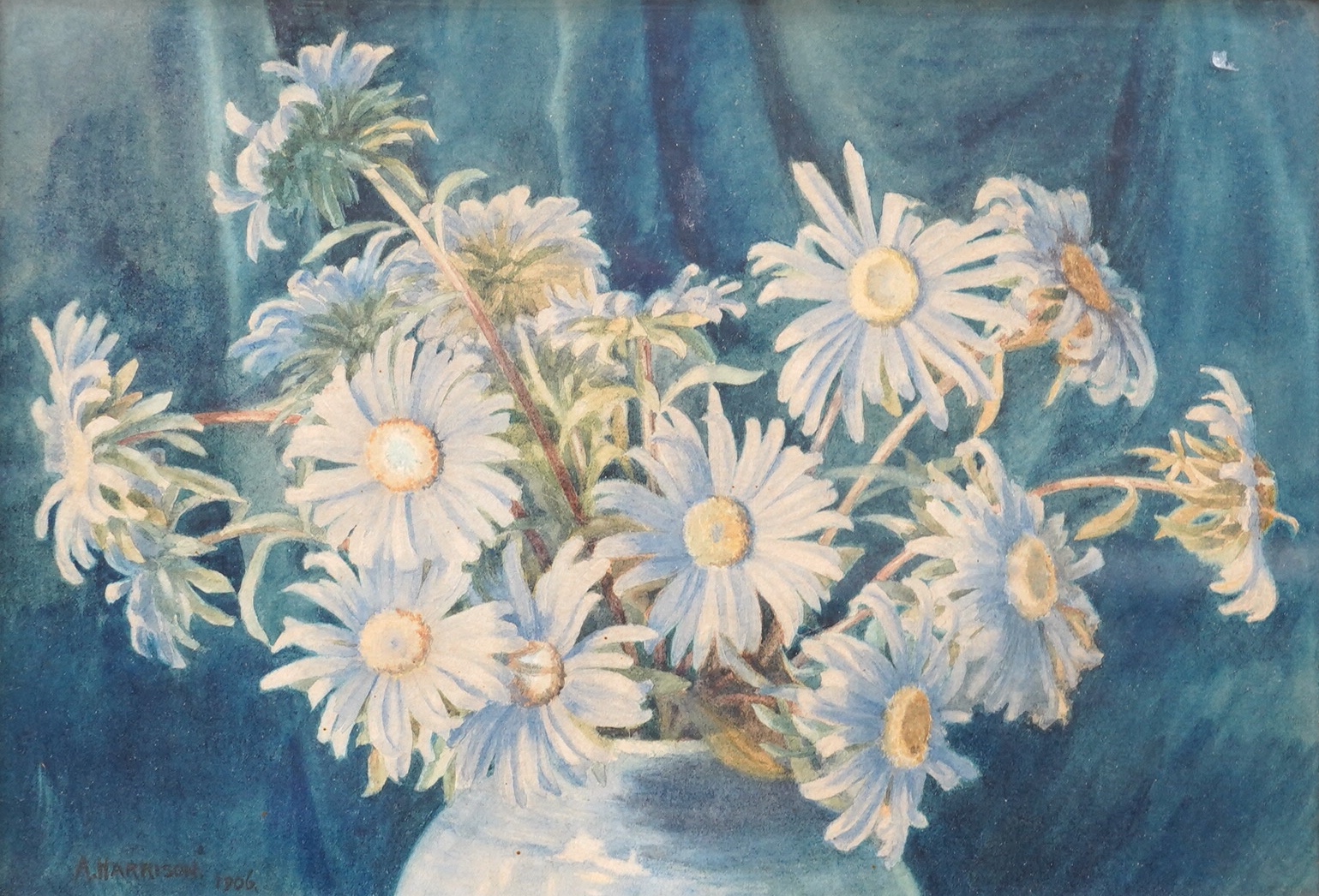 A. Harrison, two watercolours, Still lifes of flowers, each signed and dated 1906 and 1908, together with another similar early 20th century study of flowers, 50 x 21cm. Condition - fair